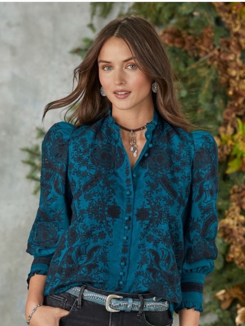 Sundance Rosetti Lace Teal Floral Button-Front Puff-Sleeve Blouse M/L ?